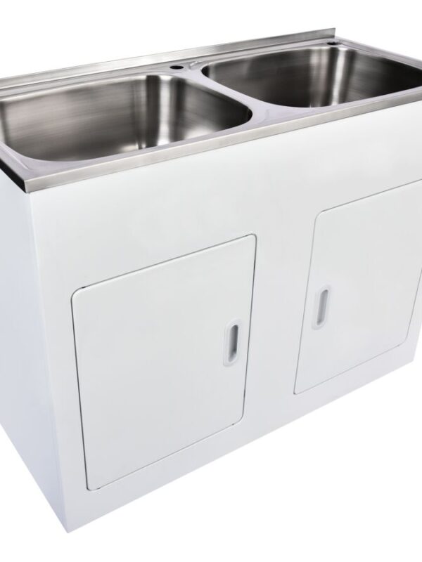 Posh Bristol Double Laundry Trough & Cabinet 45L + 45L with 1 Taphole and Bypass Stainless Steel
