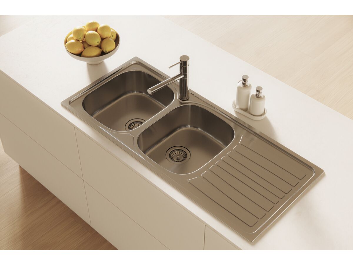 Posh Bristol Double Bowl Sink 1 Taphole Left Hand Bowl with Drainer Stainless Steel - Image 4