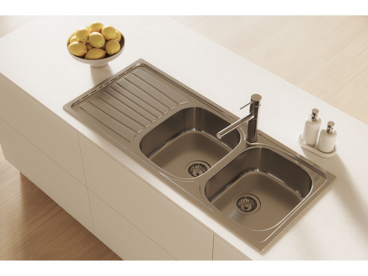 Posh Bristol Double Bowl Sink 1 Taphole Right Hand Bowl with Drainer Stainless Steel - Image 4