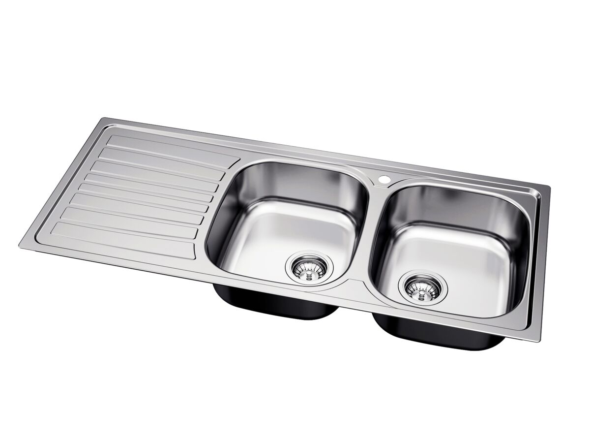Posh Bristol Double Bowl Sink 1 Taphole Right Hand Bowl with Drainer Stainless Steel - Image 3