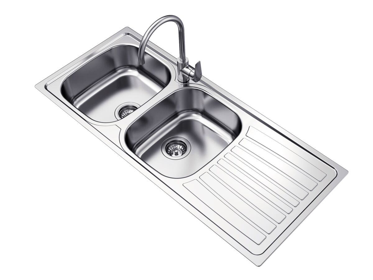Posh Bristol Double Bowl Sink 1 Taphole Left Hand Bowl with Drainer Stainless Steel - Image 2