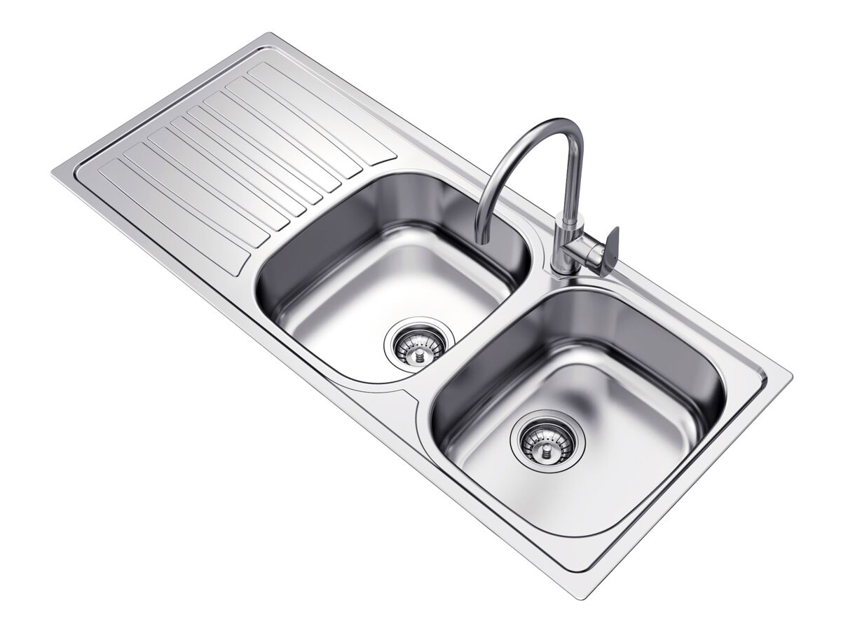 Posh Bristol Double Bowl Sink 1 Taphole Right Hand Bowl with Drainer Stainless Steel - Image 2