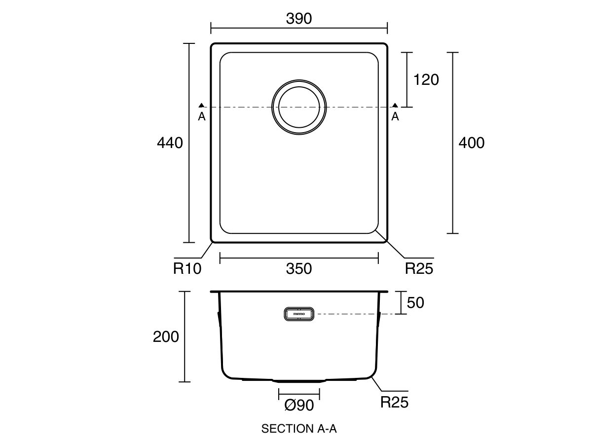 Memo Oscar Inset/Undermount Compact Single Bowl Sink 350mm Overflow No Taphole - Image 9