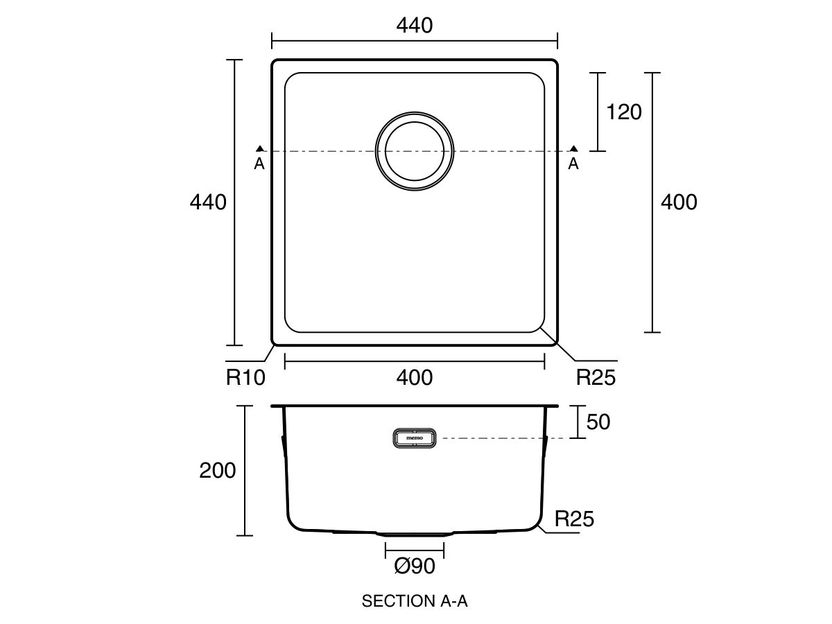 Memo Oscar Inset/Undermount Single Bowl Sink 400mm Overflow No Taphole - Image 9