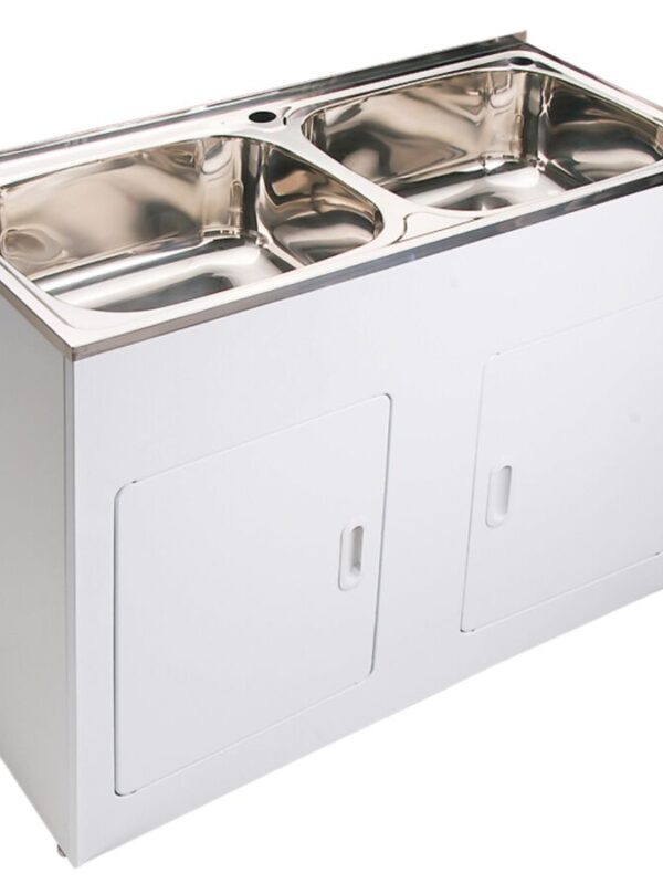 Base Double Laundry Trough & Cabinet 1 Taphole 45 litres Stainless Steel/ White