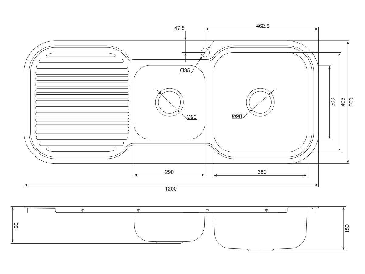 Base MK3 1 & 3/4 Bowl Sink 1 Taphole Right Hand Bowl 1200mm Stainless Steel - Image 2