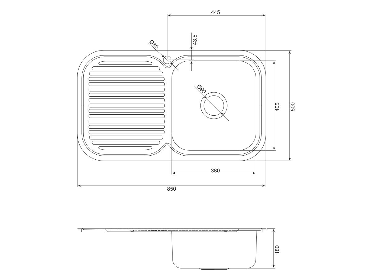 Base MK3 Single Bowl Sink 1 Taphole Right Hand Bowl 850mm Stainless Steel - Image 2