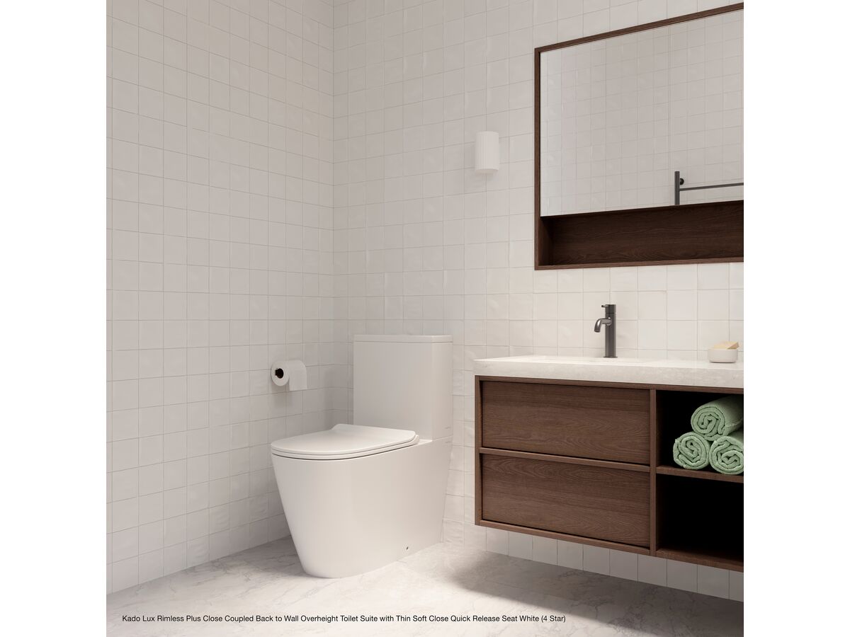 Kado Lux Close Coupled Back to Wall Rimless Plus Overheight Bottom Inlet Toilet Suite with Thin Soft Close Quick Release Seat White (4 Star) - Image 5