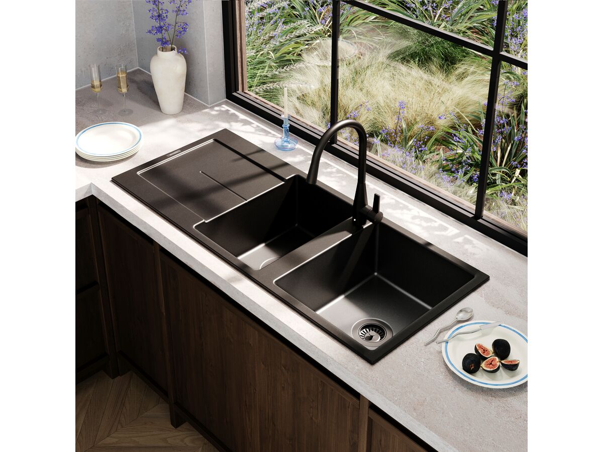 Memo Freya 1 3/4 Sink 1 Taphole Right Hand Bowl with Drainer Granite Black - Image 2