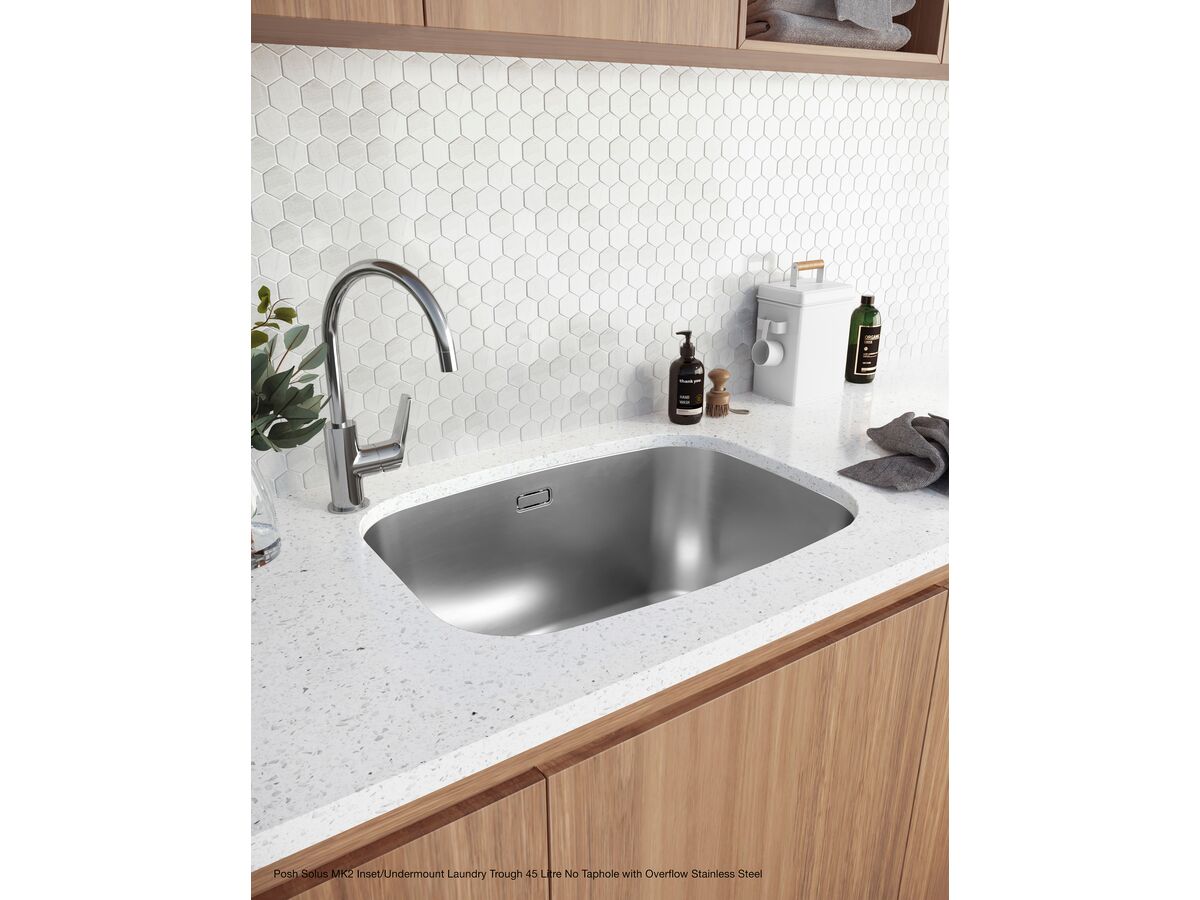 Posh Solus MK2 Inset/Undermount Laundry Trough 45 Litre Right Hand Taphole with Overflow Stainless Steel - Image 3
