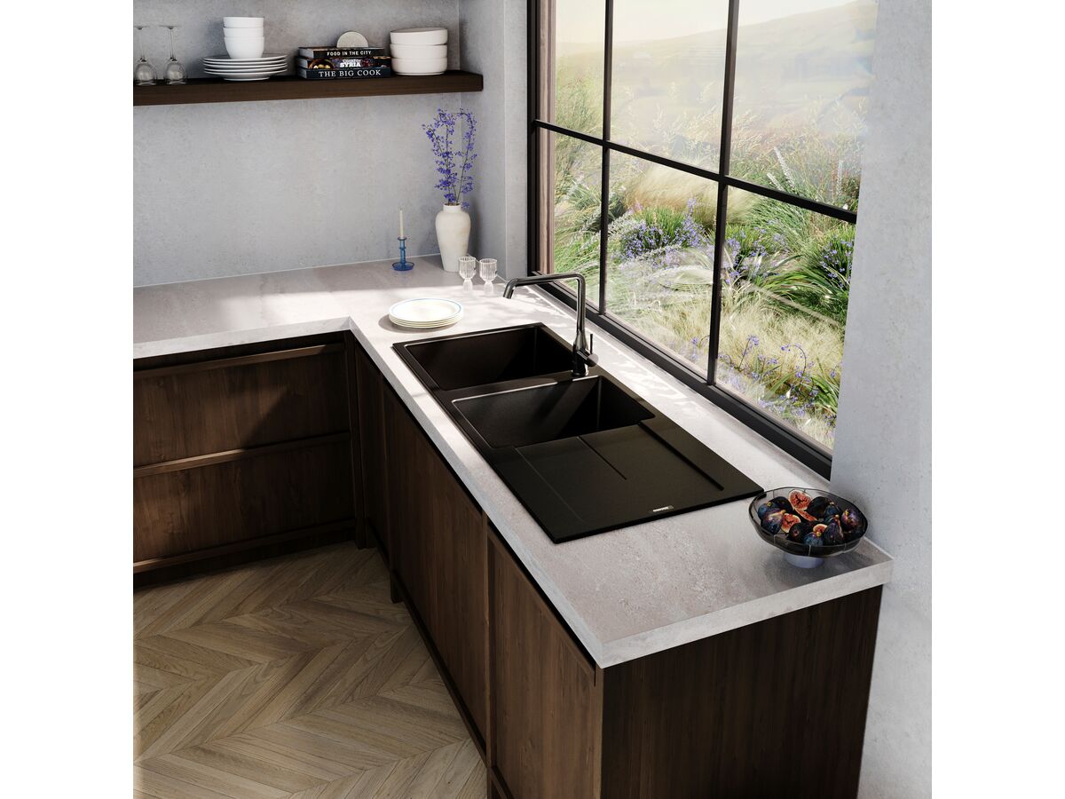 Memo Freya 1 3/4 Sink 1 Taphole Left Hand Bowl with Drainer Granite Black - Image 2