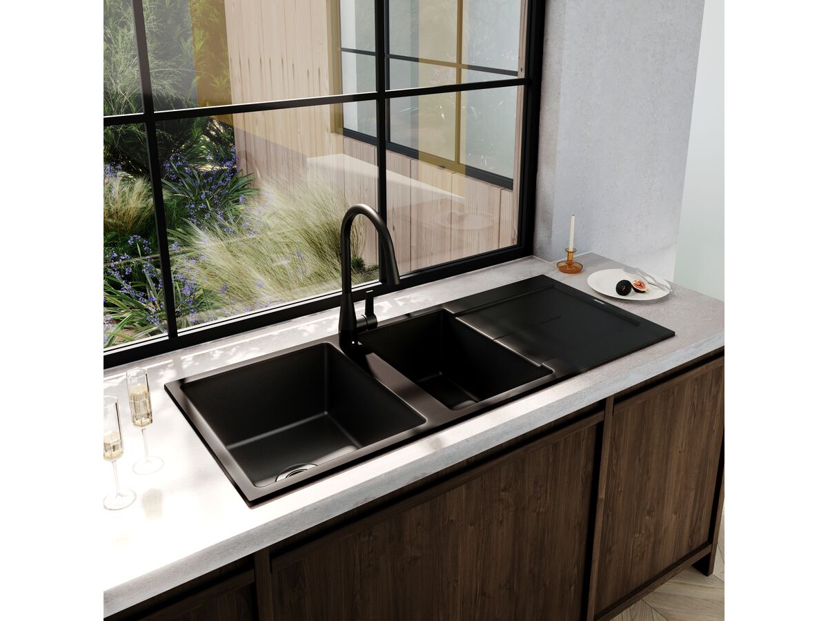 Memo Freya 1 3/4 Sink 1 Taphole Left Hand Bowl with Drainer Granite Black - Image 3