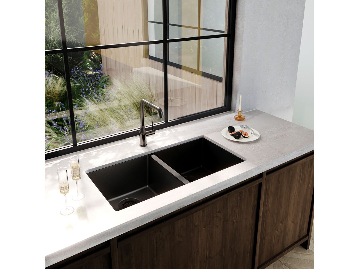 Memo Freya Double Bowl Sink No Taphole Granite Black - Image 2