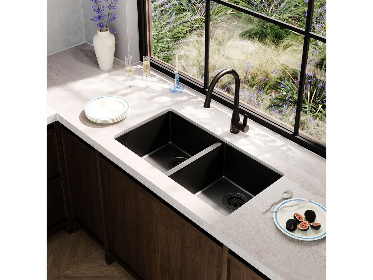 Memo Freya Double Bowl Sink No Taphole Granite Black - Image 3