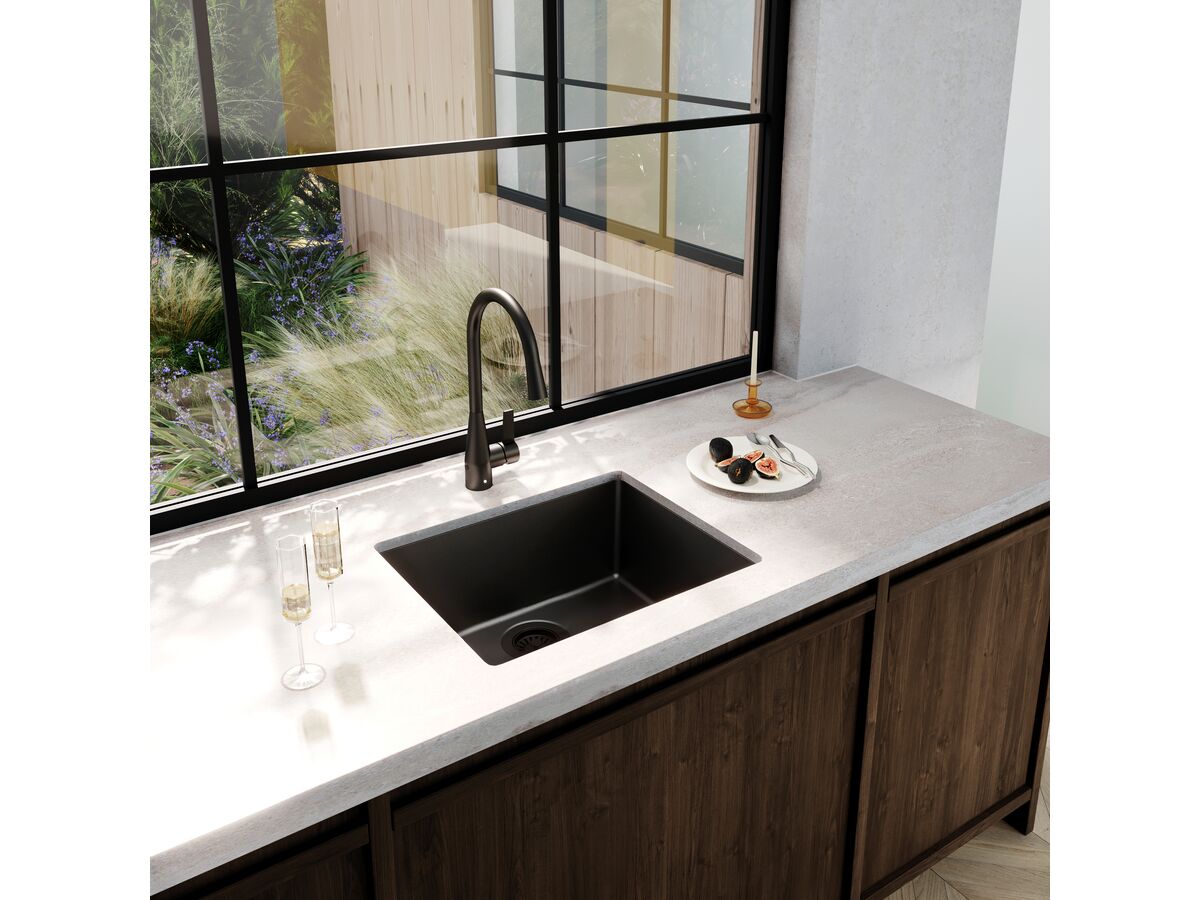 Memo Freya Extended Single Bowl Sink No Taphole Granite Black - Image 3