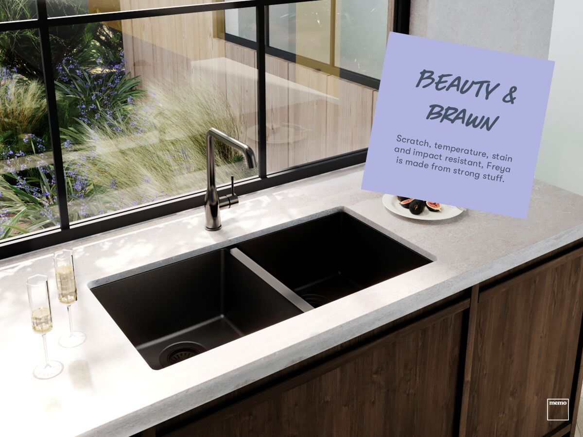 Memo Freya 1 3/4 Sink 1 Taphole Left Hand Bowl with Drainer Granite Black - Image 5