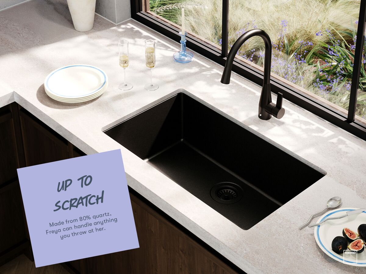 Memo Freya 1 3/4 Sink 1 Taphole Left Hand Bowl with Drainer Granite Black - Image 4